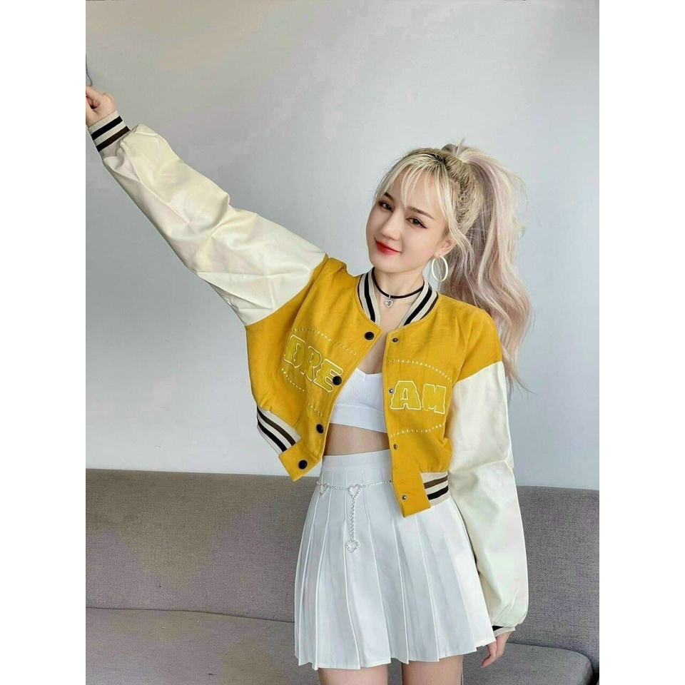 Aó Khoác Da Lộn Nữ Kiểu Bomber Crotop ( Da Lộn 2 Lớp ) Logo Thêu Chữ Nổi Siêu Thời Trang Độc Lạ TP