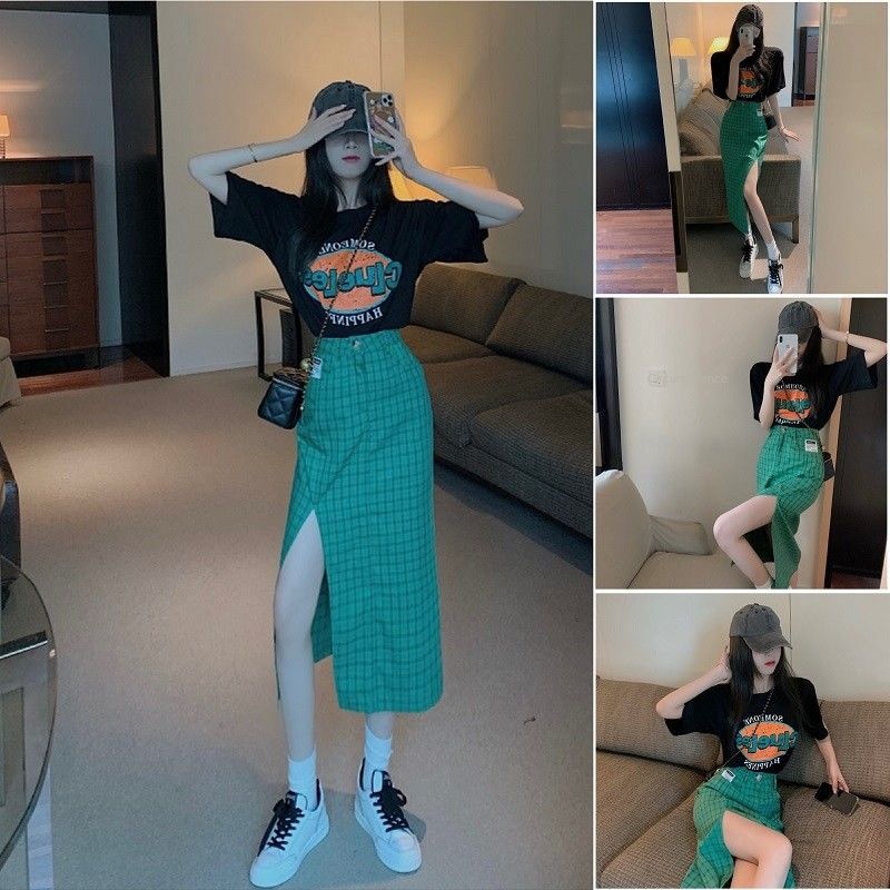 UIOWOO  Set Áo Thun Và Chân Váy Caro Thời Trang Hè Năng Động Cho Nữ