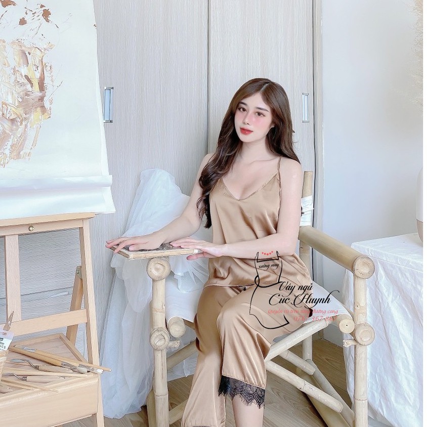 Đồ ngủ cao cấp lụa sexy 2 dây quần dài gợi cảm mặc nhà bigsize SAMSU FX07