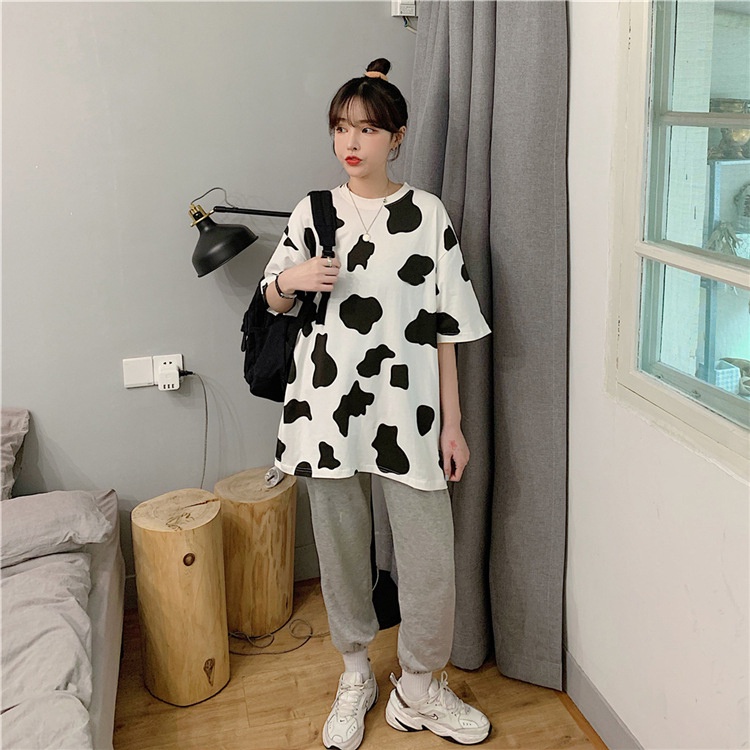 Set bộ quần dài ống bom bo chun phối áo phông unisex bò sữa phom rộng tay lỡ Đồ mặc nhà quần jogger nỉ