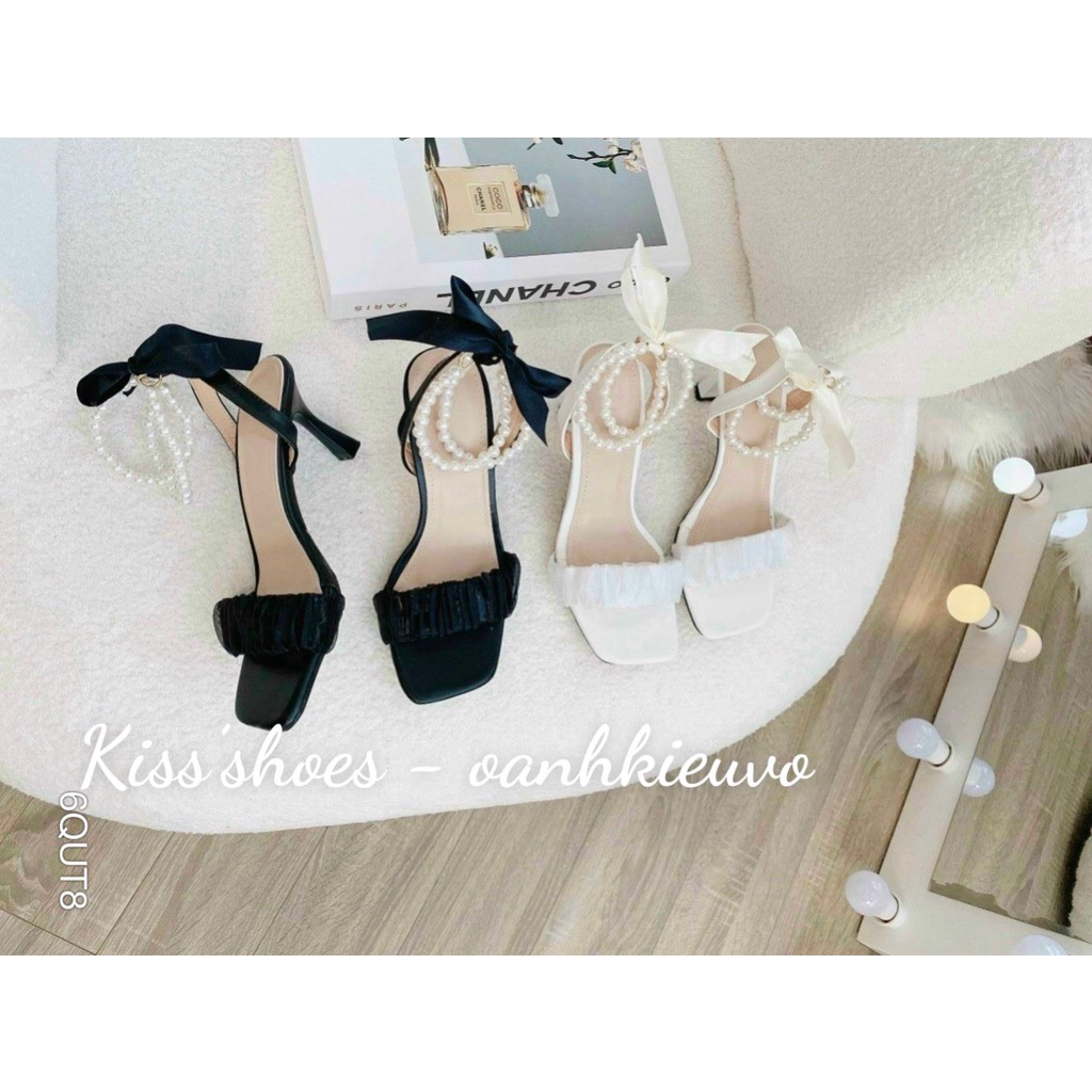 Giày cao gót 7p thắt nơ giày sandal gót 7p cột nơ quai cườm xinh