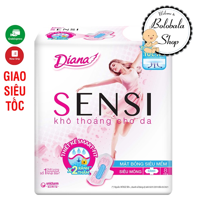 Băng vệ sinh Diana SENSI siêu mỏng cánh 23cm mặt bông siêu mềm (8 miếng)