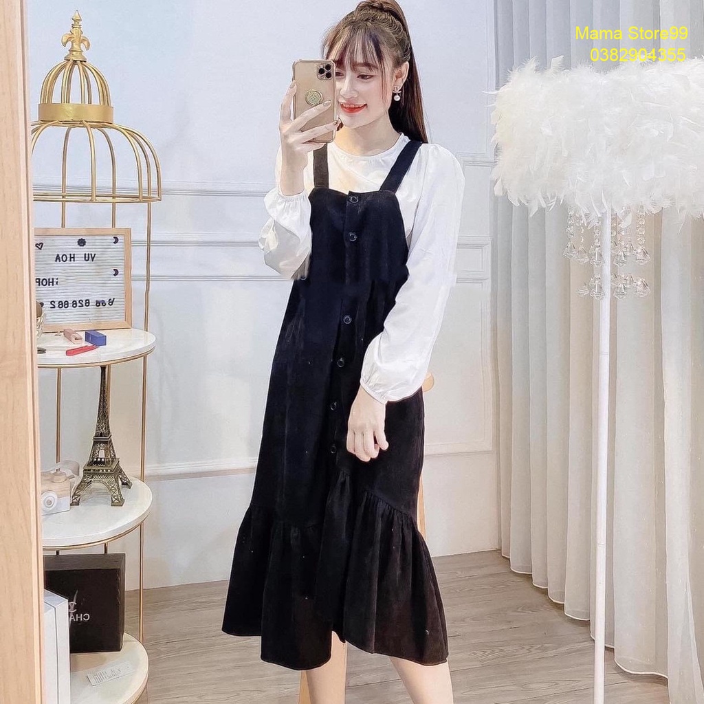 Sét Váy Yếm Bầu Dài Tay,Chất Nhung Tăm,Váy Bầu Đi Chơi,Dự Tiệc Công Sở Thu Đông V0014 Mama Store99