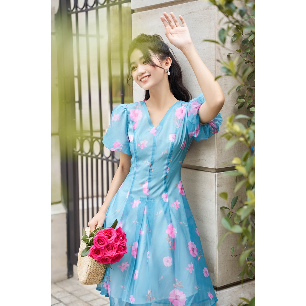 Váy tơ hoa cổ V tay bồng phong cách Hàn quốc chữ A thiết kế tiểu thư nhẹ nhàng màu xanh dương Pansy BlueYAME