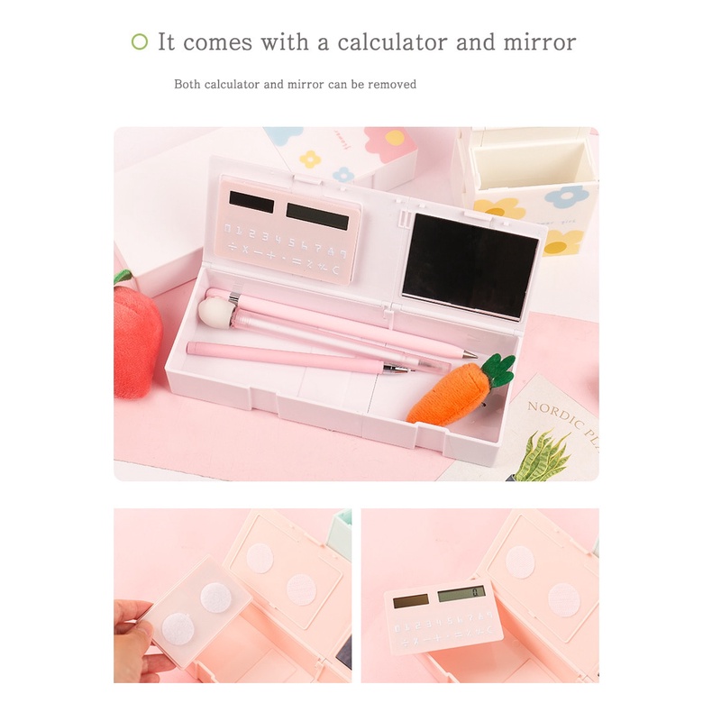 1 hộp đựng bút đa năng 4 trong 1 có gương và máy tính tiện dụng dễ thương