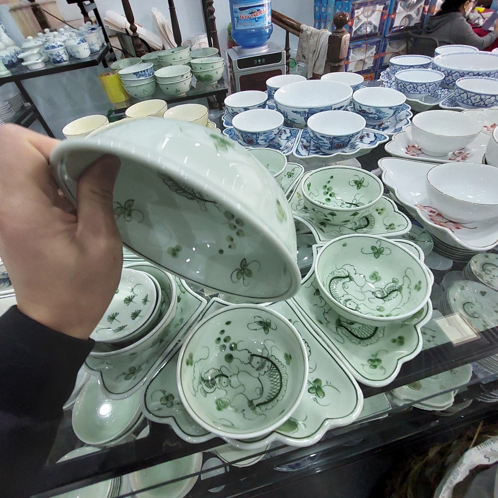 Bộ bát đĩa hoa mặt trời men kem xanh hoa văn cá chép, Hàng gốm sứ Bát Tràng chính hãng, Bộ -15 món