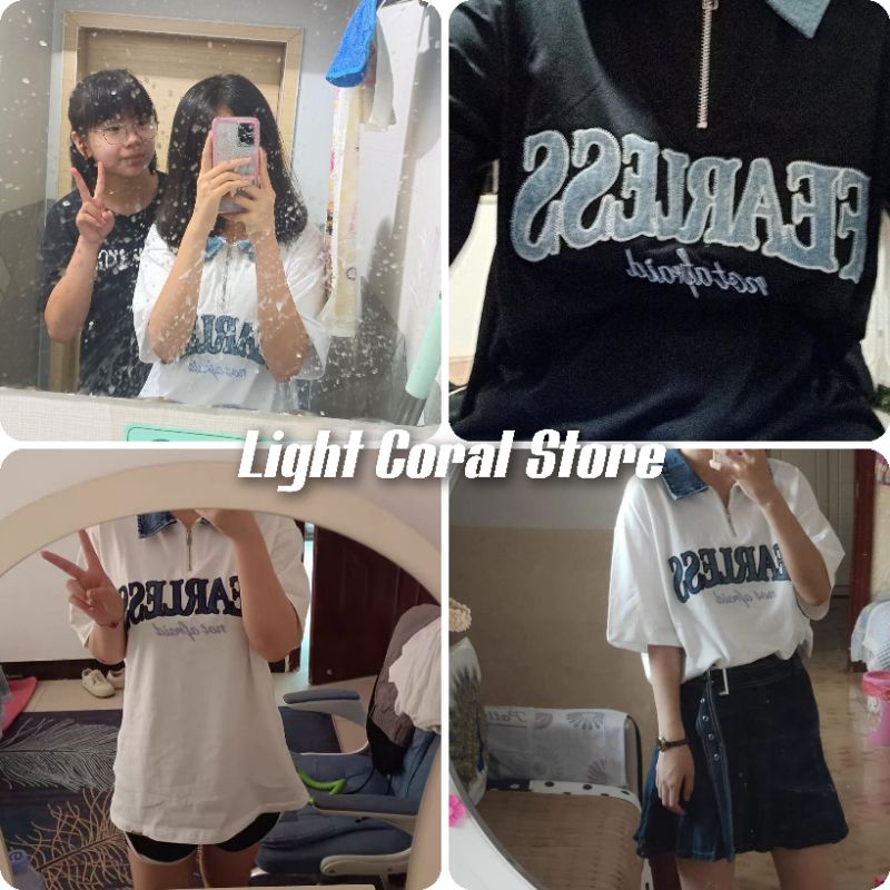 Áo polo ulzzang nam nữ unisex thêu chữ Fearless phối cổ denim phong cách đường phố cá tính