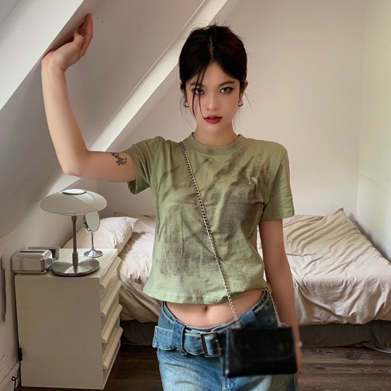 Áo Thun Croptop Cổ Tròn Dáng Ôm Phong Cách Retro Hàn Quốc Cho Nữ