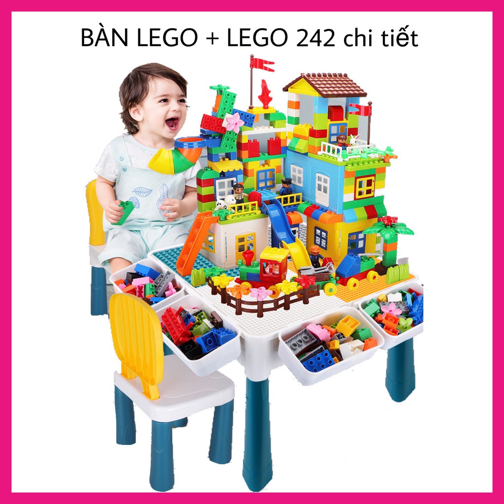 Bàn lego cho bé trai bé gái, đồ chơi lắp ráp 242 chi tiết tương thích lego duplo