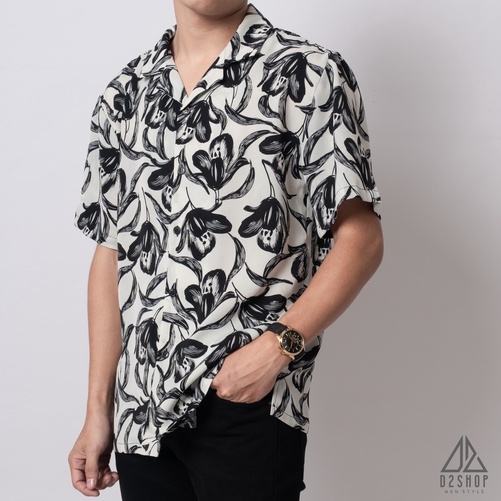 Áo sơ mi D2shop, áo sơ mi nam ngắn tay in họa tiết, curban shirt màu trắng, in họa tiết hoa Tulip