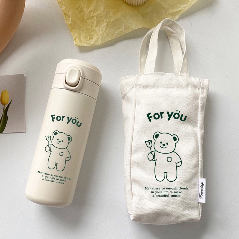 Bình nước giữ nhiệt chân không 450ml và túi xách tay in hình chú gấu Ohaya dễ thương - HILLS STORE