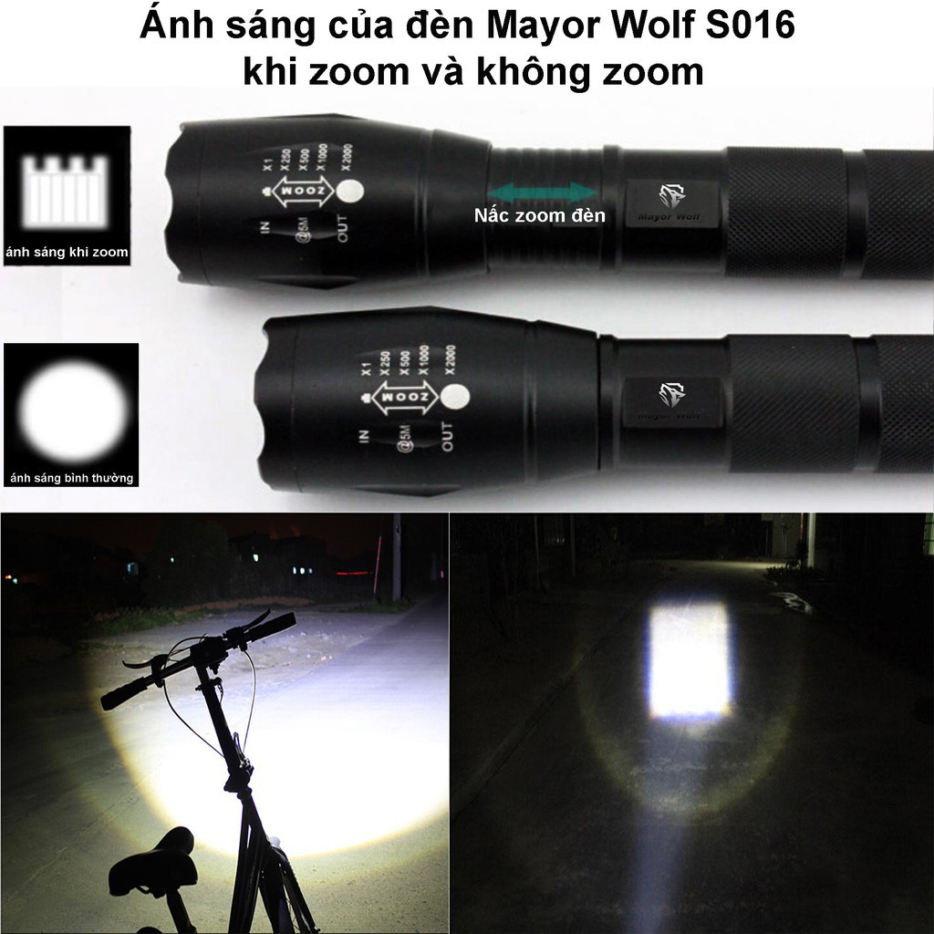 [ĐẦY ĐỦ PHỤ KIỆN] Đèn pin siêu sáng S016 chống nước, sạc siêu bền Mayor Wolf