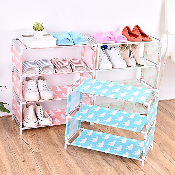 Kệ Để Giày Dép Đồ Dùng Đa Năng 4 Tầng Họa Tiết Gấu Trắng Hạc Hồng Có Thể Tháo Rời Lắp Ghép Thân Khung inox