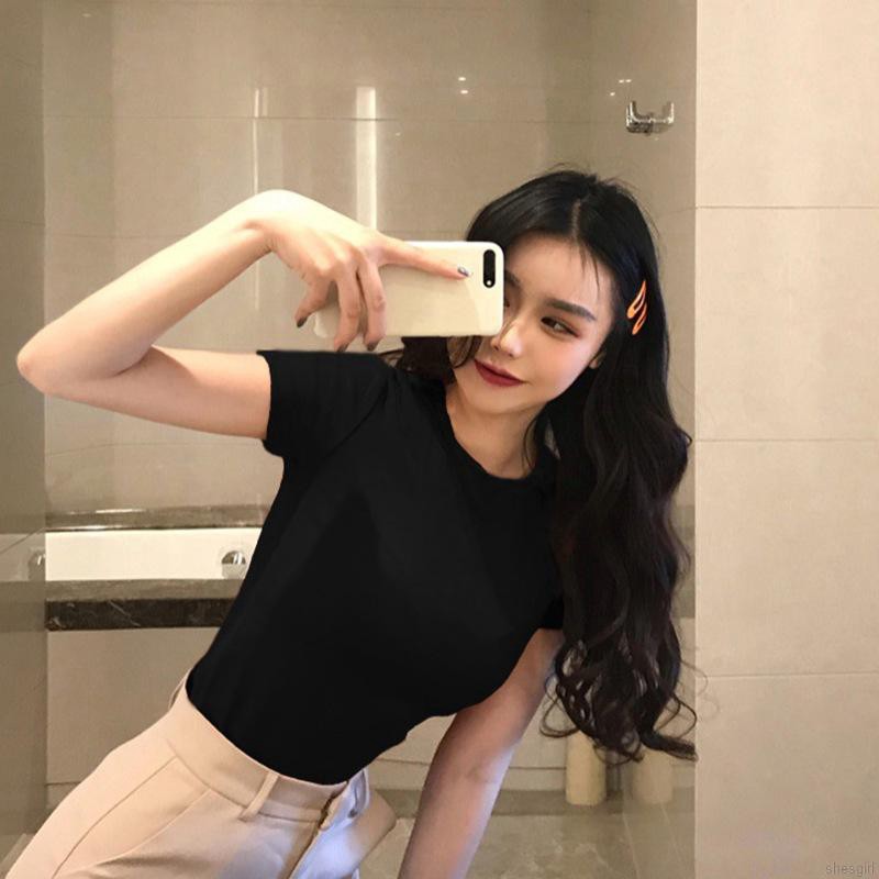 Áo Thun Nữ Ngắn Tay Màu Trơn Phong Cách Hàn Quốc