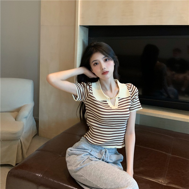 Áo Thun POLO Dệt Kim Ngắn Tay Họa Tiết Kẻ Sọc