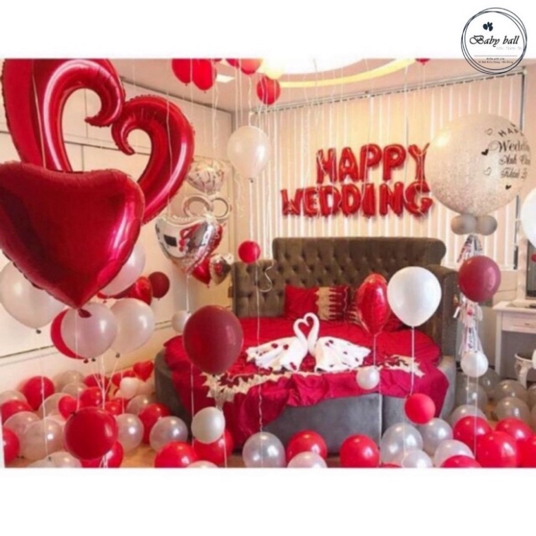 (freeship) [Tặng 100 Cánh Hoa Hồng] Sét Bóng Happy Wedding Trang Trí Phòng Cưới Tông Đỏ Trắng [ KHUYẾN + MẠI]