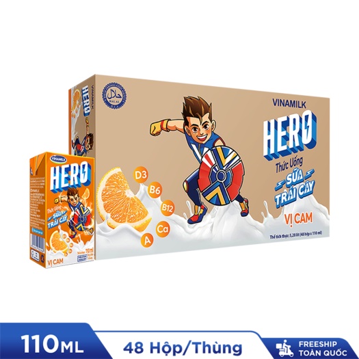 Thức Uống Sữa Trái Cây HERO VỊ CAM - Thùng 48 Hộp X 110ml
