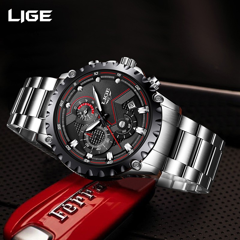 LIGE 9821 Men's Fashion Stainless Steel Waterproof Quartz Watch