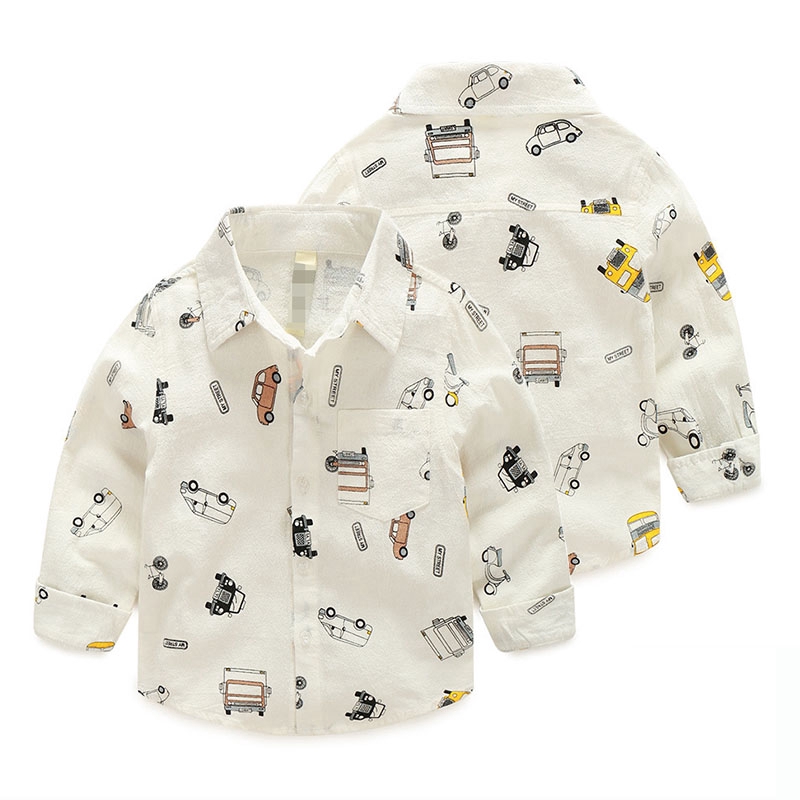 Áo Sơ Mi Tay Dài Chất Cotton Hoạ Tiết Xe Hơi Cho Bé
