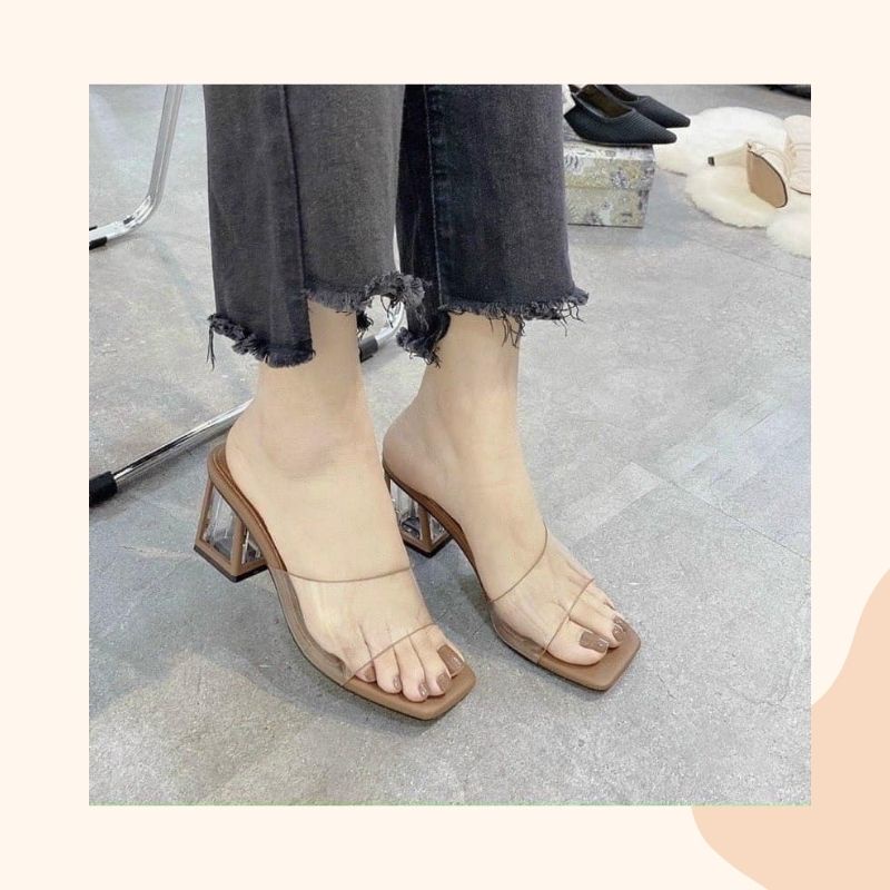 Dép cao gót nữ guốc quai trong đế vuông 5 phân viền nâu tây cực xinh JOLIVO G2.016.36