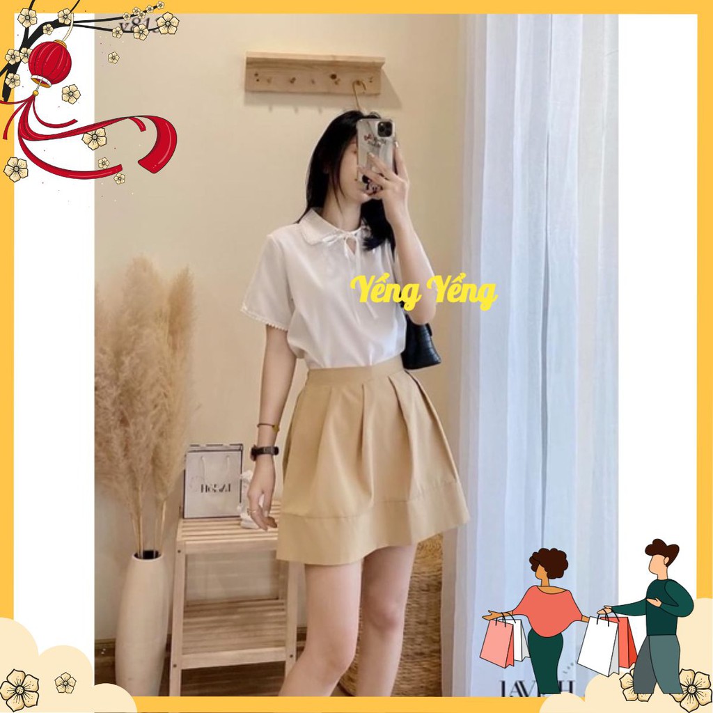 SNU385 - SET NỮ ÁO TRẮNG CỔ REN NƠ MIX CVAY NÂU