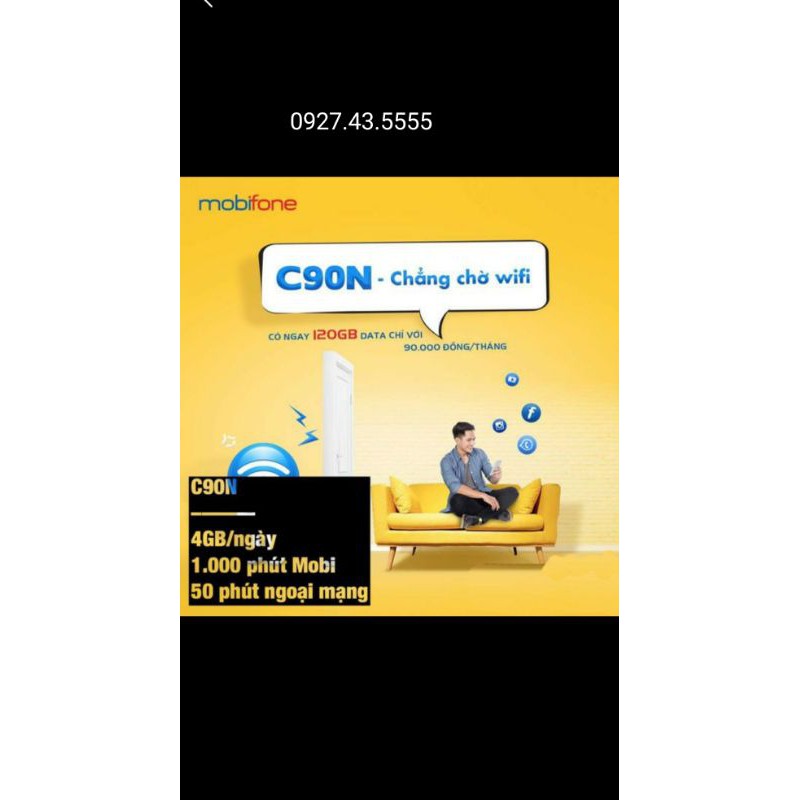 SIM 4G Mobifone C90N {FREE 30 ngày} Ngày 4GB tháng 120GB + 1000 phút nội mạng + 50 ngoại mạng Sim hot