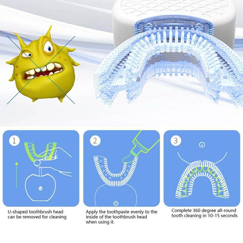 Bàn Chải Đánh Răng Điện Siêu Âm nano silicone Hình Chữ u Không Dây Sạc usb Xoay 360 Cho Người Lớn Trẻ Em