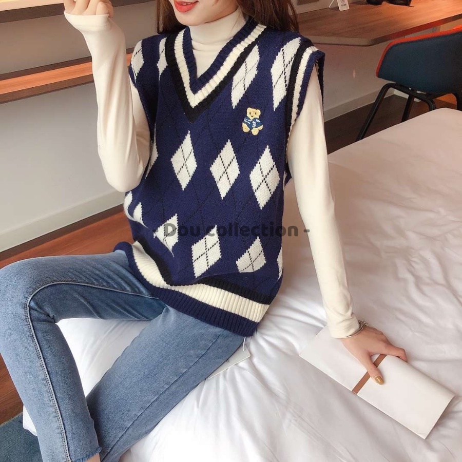 Áo Gile Cổ Chữ V Họa Tiết Hình Thoi Áo Len Không Tay Dáng Xuông Cá Tính Thời Trang Thu Đông - Mã TA019