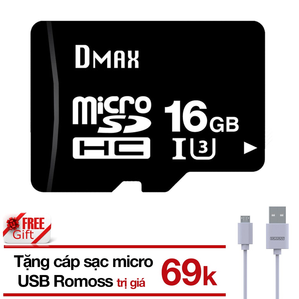 (Tặng cáp) Thẻ nhớ 16Gb tốc độ cao U3, up to 90MB/s Dmax micro SDHC