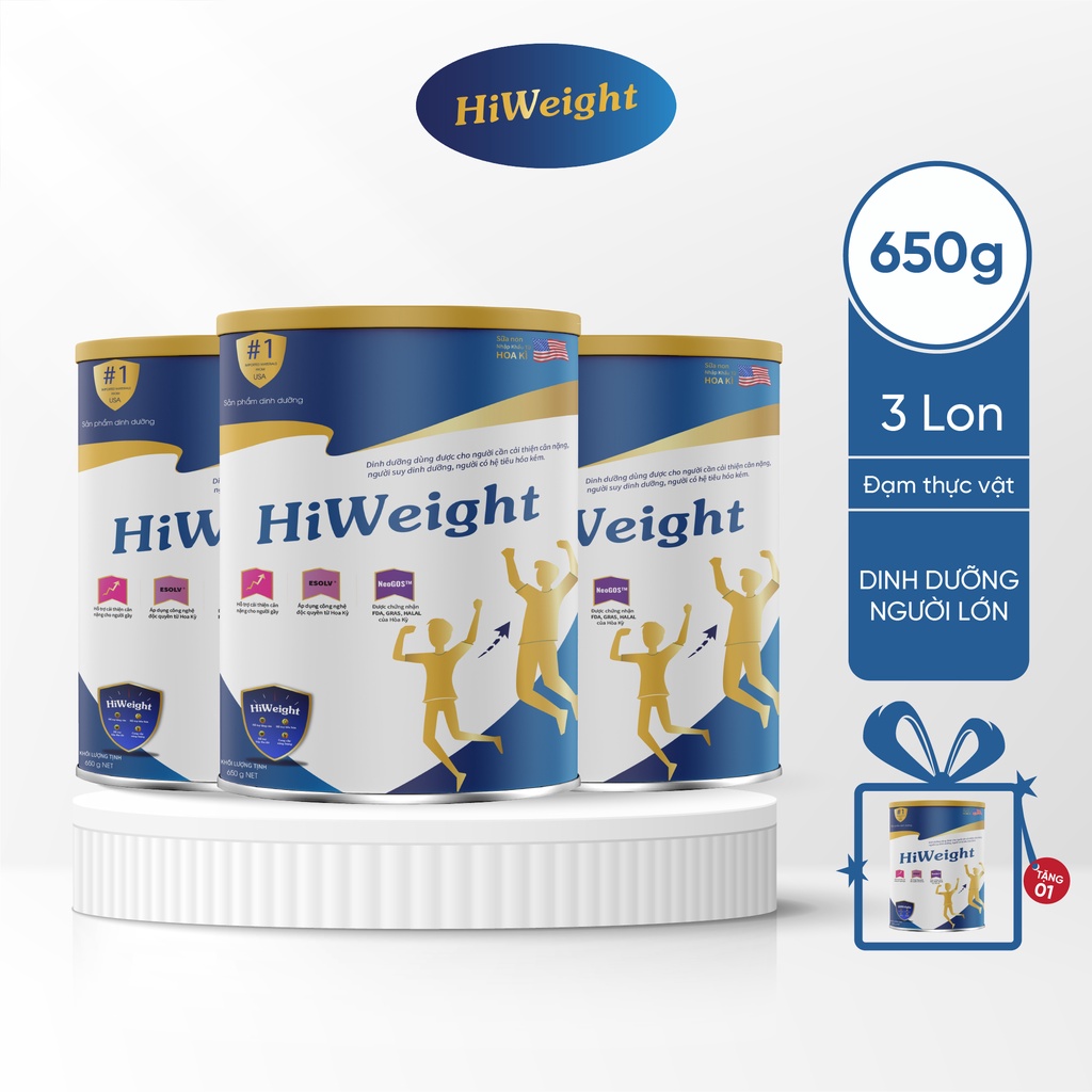 Combo 3 hộp sữa bột HiWeight hỗ trợ tăng cân hộp 650g - Mua 3 tặng 1