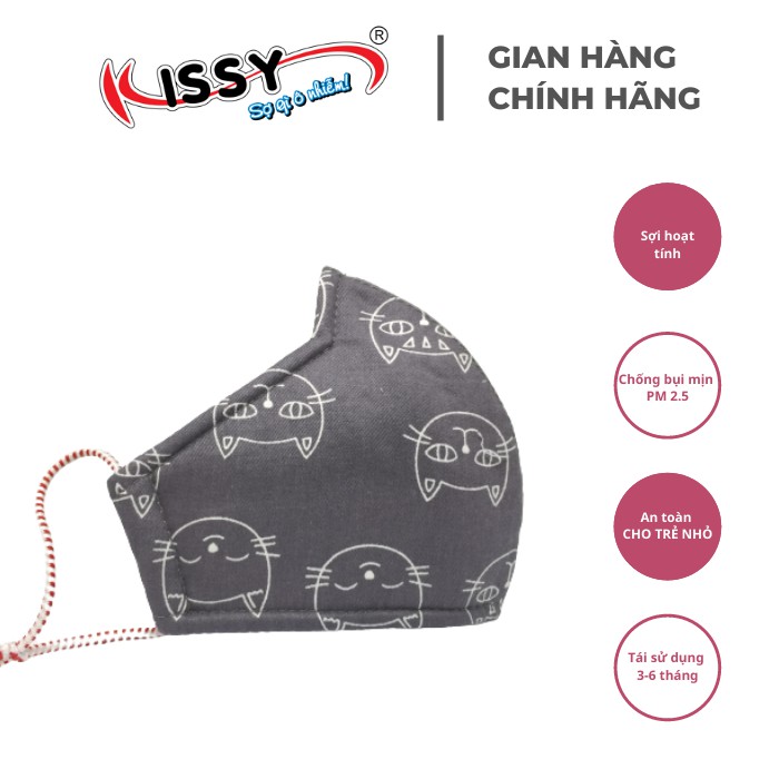 Khẩu trang Kissy trẻ em từ 4 đến 10 tuổi chống bụi mịn, giao đúng mẫu họa tiết mèo xám