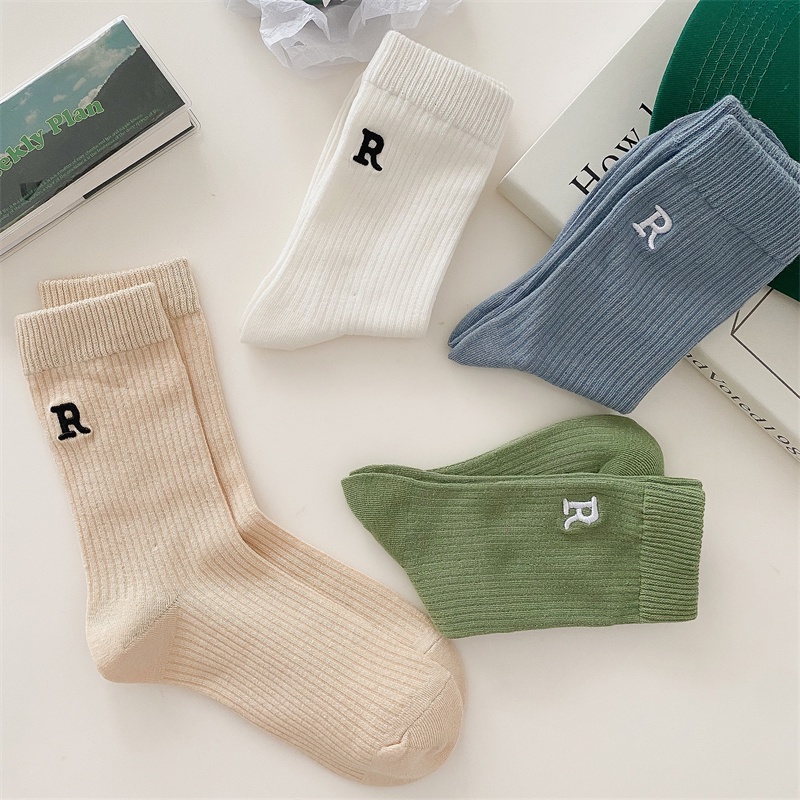 Vớ Cotton Cổ Vừa Màu Trơn Thêu Chữ Phong Cách Thể Thao Thời Trang Cho Nữ