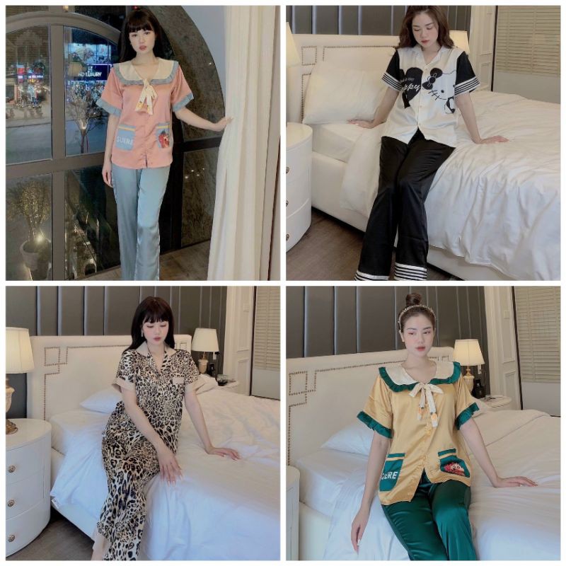 Đồ mặc nhà Pijama lụa satin tay cộc dễ thương
