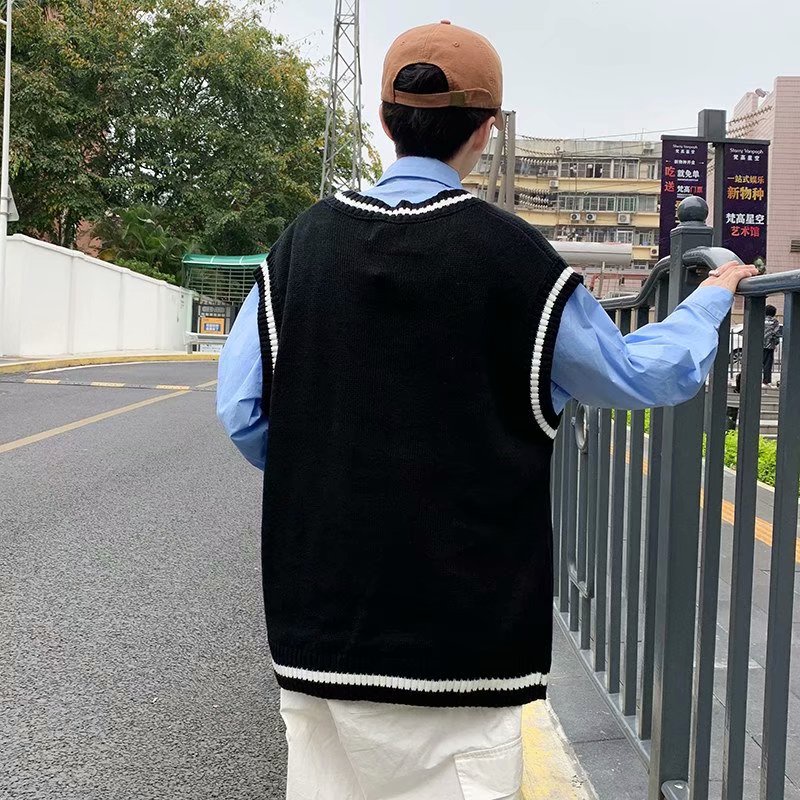 Áo Sweater Sát Nách Cổ Chữ v Dáng Rộng Thêu Họa Tiết Kiểu Hồng Kông Thời Trang Mùa Thu Cho Nam 3 Màu Size M-2XL