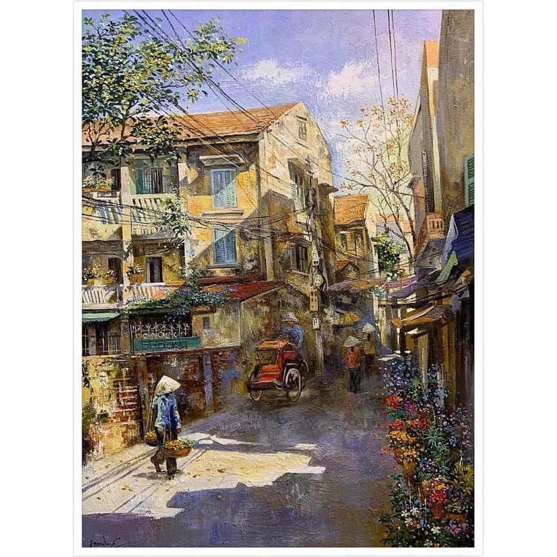 Tranh khu chợ phố cổ hà nội kèm khung tranh