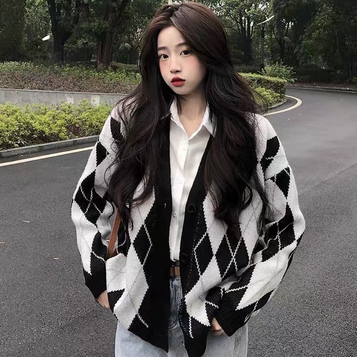 Áo khoác cardigan len caro nữ dáng dài form rộng dày dặn kiểu cổ V dệt kim phong cách Hàn Quốc trẻ trung