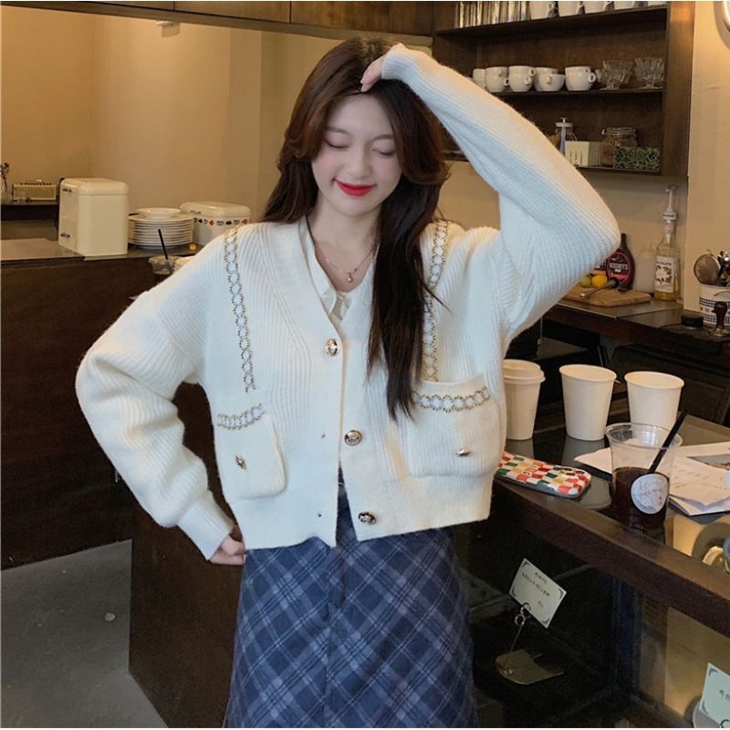 Áo Cardigan Dệt Kim Tay Dài Cổ Chữ V Dễ Phối Đồ Thời Trang Cho Nữ