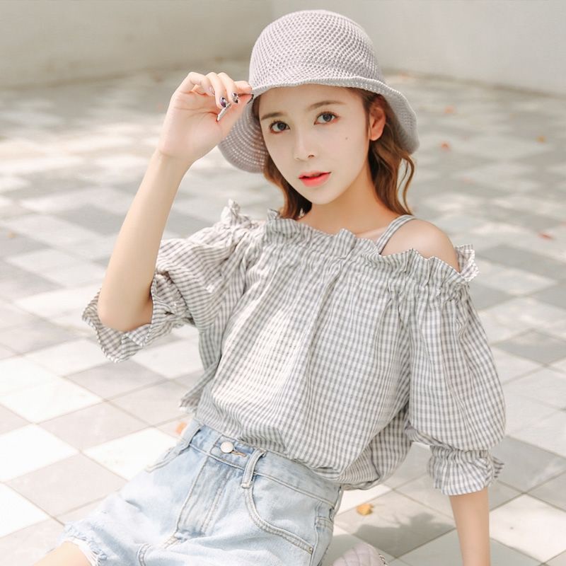 Áo Sơ Mi Tay Ngắn Phồng Trễ Vai Họa Tiết Sọc Caro Phong Cách Hàn Quốc Thời Trang Mùa Hè Mới Cho Nữ