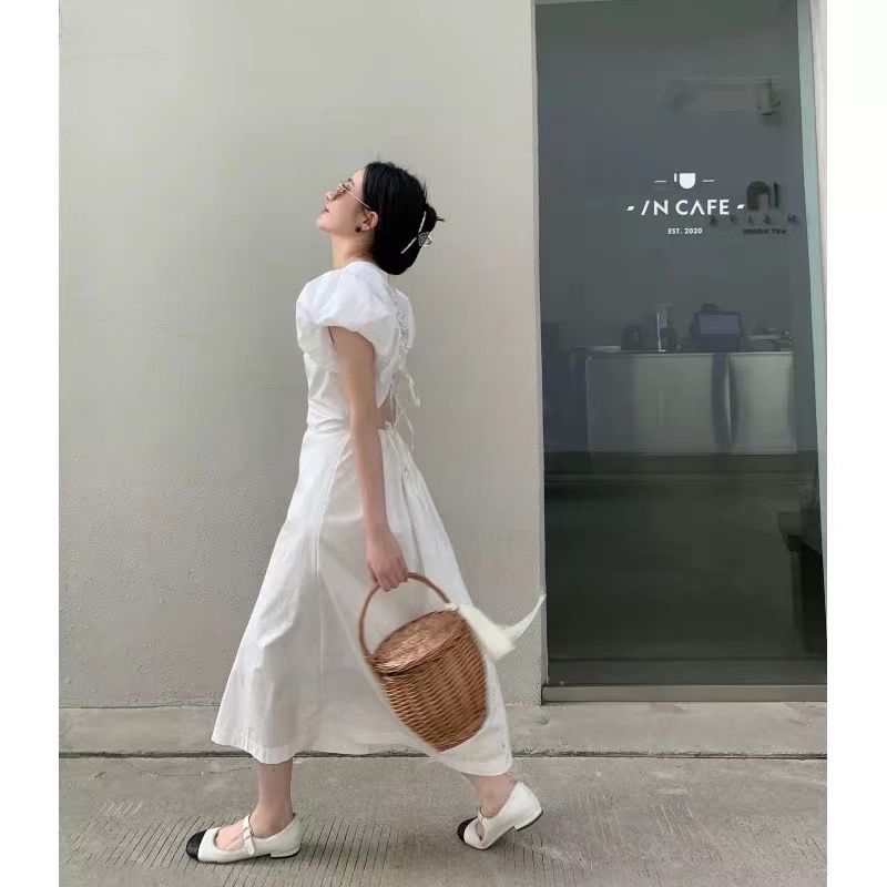 Đầm Hai Dây Dáng Dài Lưng Cao Màu Trơn Kiểu Retro Pháp Thời Trang Mùa Hè