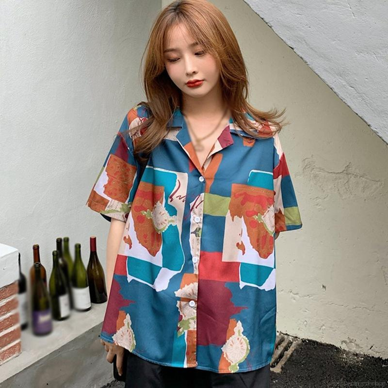 Korean Style Geometric Print Loose Casual Chiffon Shirt