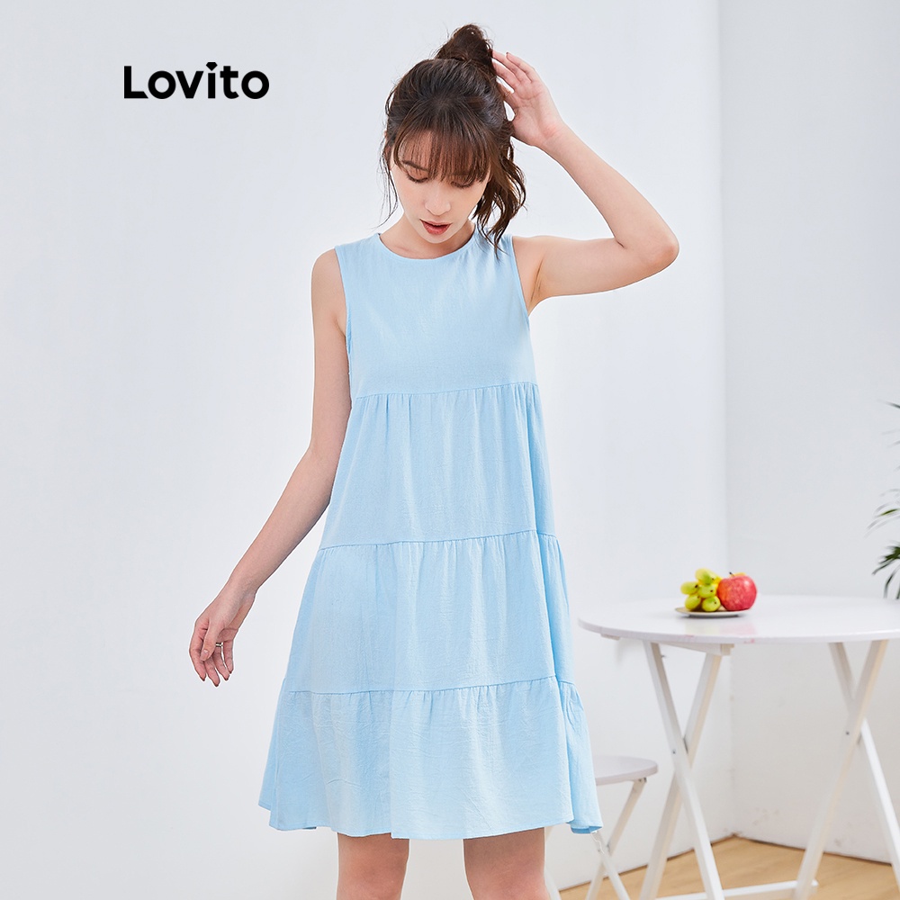 Đầm mini Lovito dáng chữ A không tay viền bèo xếp nếp cổ tròn màu trơn DRYOFSP1142 (màu xanh dương)