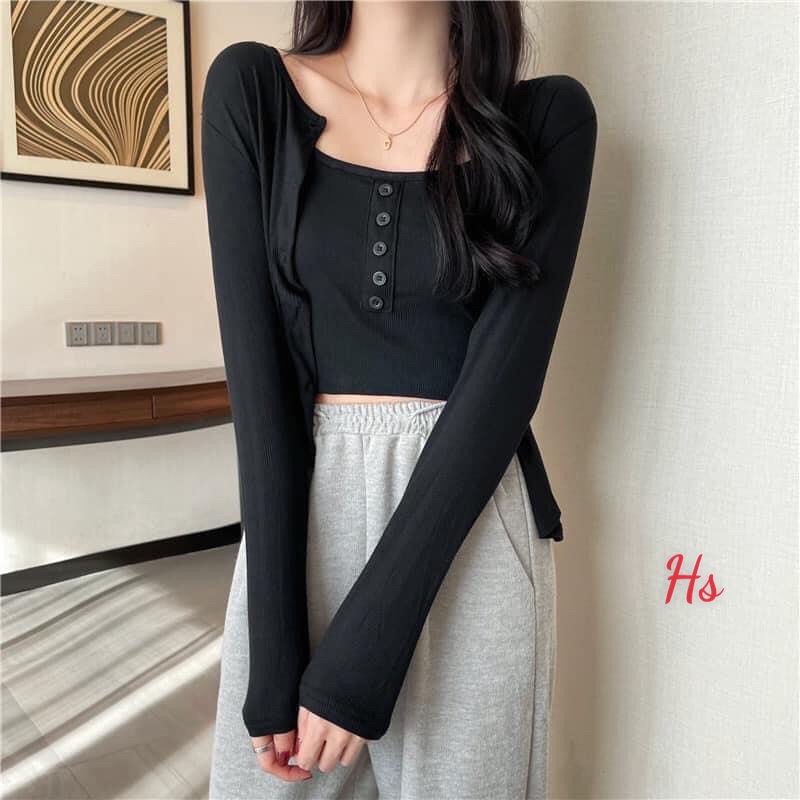 Set Áo 2 Dây 1 Hàng Cúc Giữa Chất Liệu Cotton Nhẹ Nhàng Nữ Tính Bơ Store