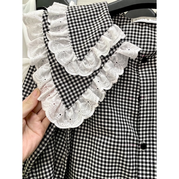 ÁO SƠMI KẺ DÁNG OVERSIZE CỔ 2 TẦNG PHA BÈO TRẮNG TIỂU THƯ HOT HIT