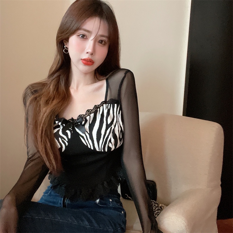 Áo croptop tay dài phối lưới họa tiết ngựa vằn thời trang quyến rũ cho nữ