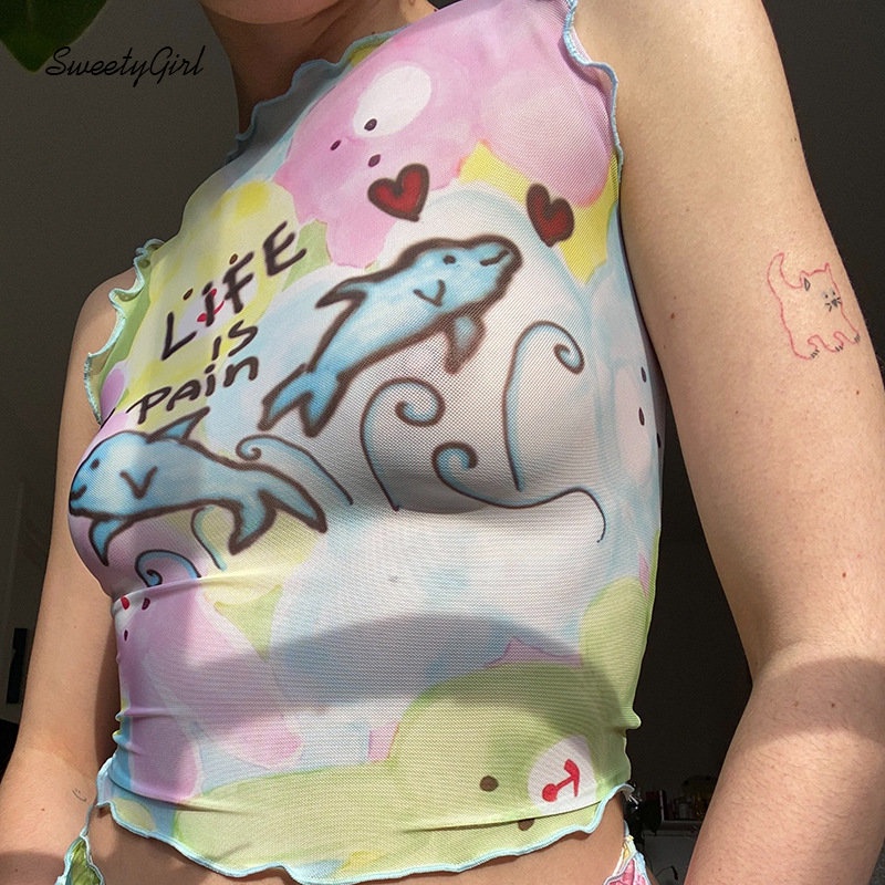 Áo Tank Top Cổ Tròn In Họa Tiết Hoạt Hình Dễ Thương Thời Trang 2022 Cho Nữ