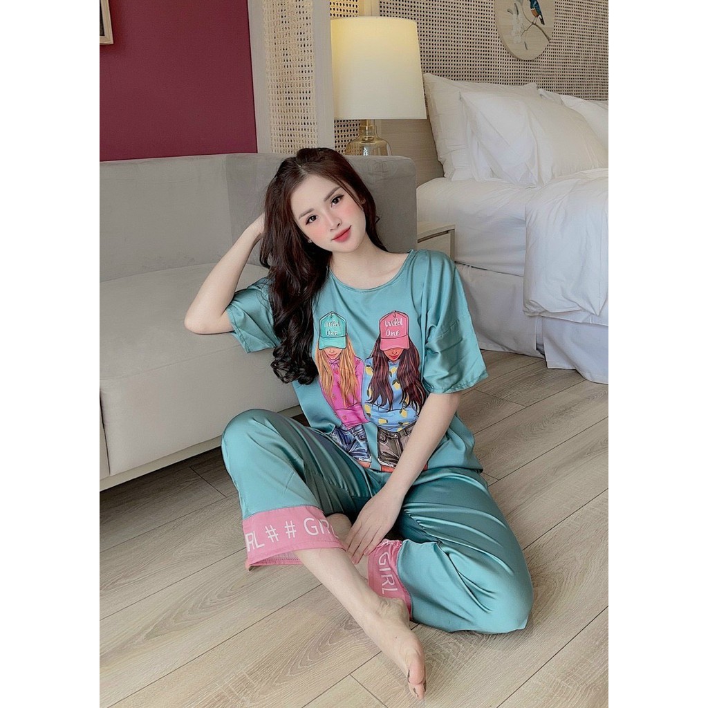 Đồ Bộ PijamaBộ Lụa Pijama Áo Cộc-Quần Dài Thiết Kế in 3D Hoạ Tiết Dễ Thương Cực Xinh[HÀNG ĐẸP CHUẨN]