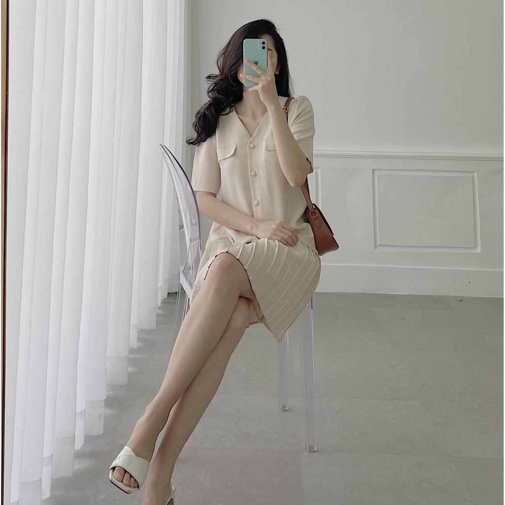 Đầm cổ tim dáng suông xếp li túi giả, đi chơi, công sở LXK00010 | BigBuy360 - bigbuy360.vn