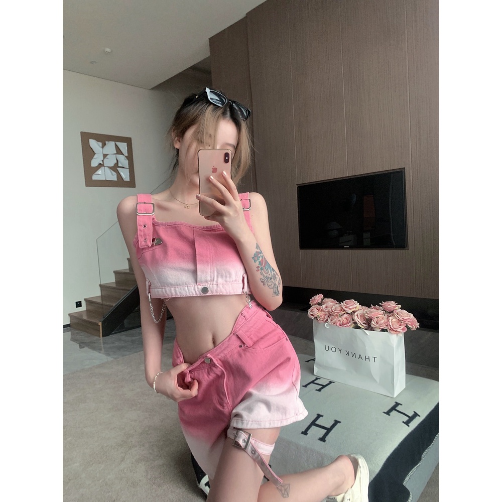 Set trang phục ZHELIHANGFEI gồm áo denim không tay và quần short lưng cao thời trang năng động cho nữ