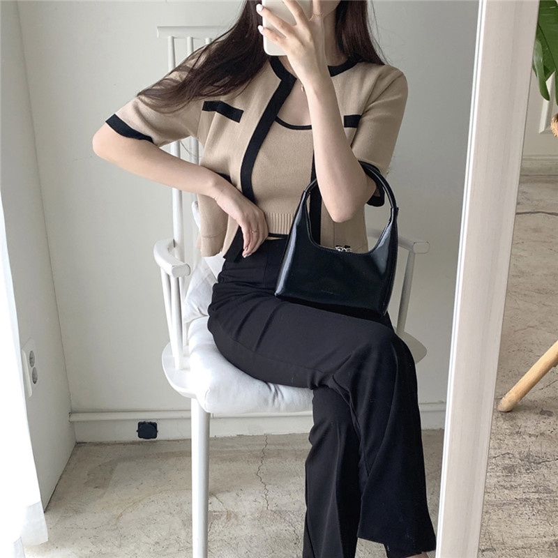 Set 2 món XIAOZHAINV gồm áo cardigan tay ngắn + áo không tay dễ phối đồ phong cách Hàn Quốc cho nữ 4 màu tùy chọn