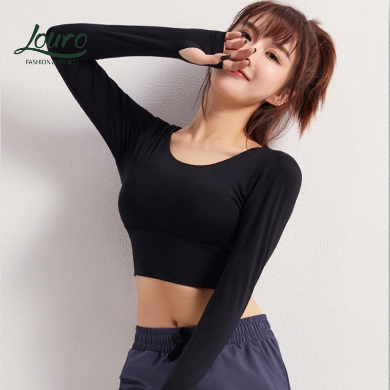 Áo tập gym yoga dài tay Louro LA30D, kiểu áo croptop body dài đan chéo, có sẵn mút ngực, chất liệu co giãn, thoáng mát